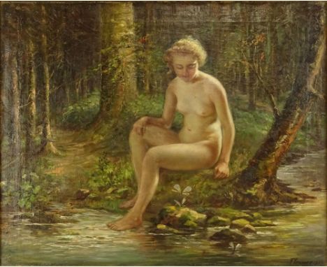 Early 20th Century American School Oil on Canvas "Nude In Forest" Signed Lower Right F. Trumer and Dated 1902. Craquelure or 