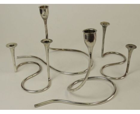 Two (2) Pair Sterling Silver Mid-Century Modern Candle Sticks. One Pair with 2 Lights Each, Signed A Michelsen Copenhagen Ste