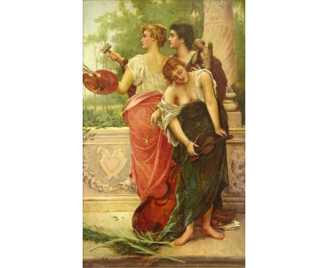 19/20th Century Art Nouveau Oil on Canvas, "The Arts". Signed  L. H. Mott 1895 Lower Left. Good Condition. Measures 36-5/8 In