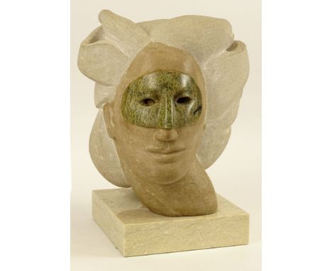 1970's Lenora Arye, American (20th C)  Stone Bust of a Masked Woman on Marble Base. "Masquerade" Signed L Arye. Good Conditio