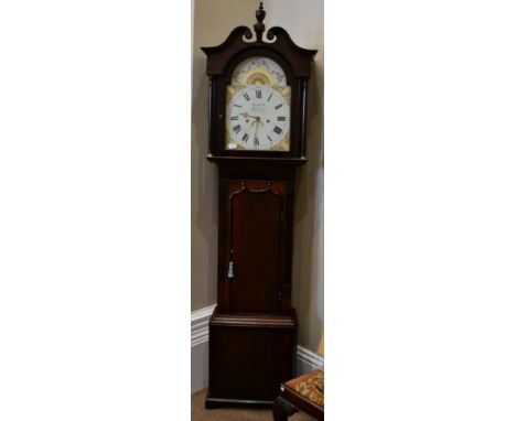 An Oak and Mahogany Thirty Hour Longcase Clock, signed Thos Russell, Lancaster, circa 1830, swan neck pediment, double acorn 