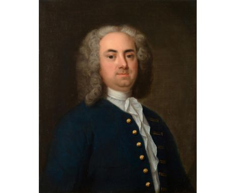 Circle of James Latham (18th century) Bust portrait of a gentleman in a blue coat with gold buttons (Said to be Edmund Hoyle,
