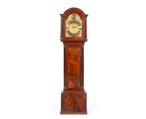 A Mahogany Chiming Longcase Clock, arched pediment, pierced side sound frets, well figured trunk door flanked by stop brass f