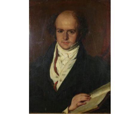 British School (19th century) Portrait of a gentleman, head and shoulders holding a manuscript Oil on panel, 67.5cm by 48.5cm