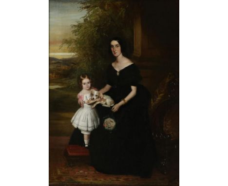 Follower of John Linnel (1792-1882)  Portrait of an elegant lady seated wearing a black dress with a cameo pinned at the neck