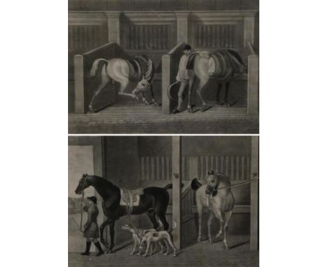 James Seymour (British, 1702-1752)  Stable scenes with hunters and hounds Mezzotints by T Burford, plates 250mm by 350mm (2) 