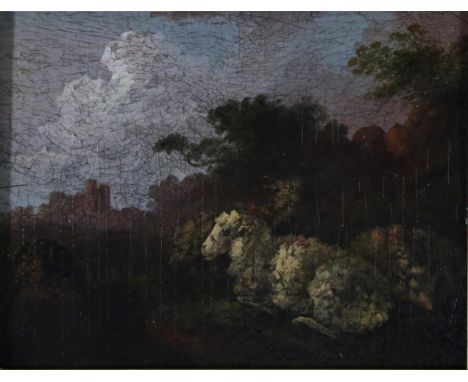 Follower of Peter Le Cave (1769-1811) Sheep at rest in a landscape Bears signature, oil on panel, 12 by 15.5cm 