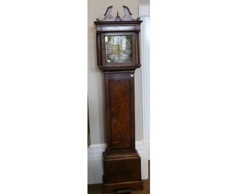 An Oak Thirty Hour Longcase Clock, flat top pediment with a later swan neck cresting, 11-inch square brass dial with chapter 