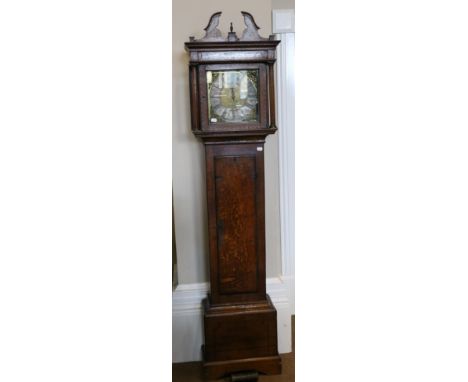 An Oak Thirty Hour Longcase Clock, flat top pediment with a later swan neck cresting, 11-inch square brass dial with chapter 