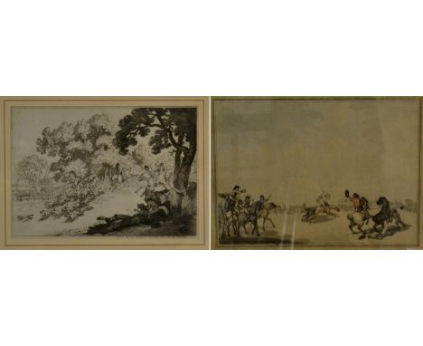 Thomas Rowlandson (British, 1757-1827) ''Fox Hunting'' ''Racing'' Etchings with aquatint, ''Racing'' with hand colouring, ima