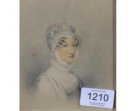 Adam Buck (1759-1833) Irish  Portrait of a lady, head and shoulders wearing a white dress and fill in and a bonnet tied in a 