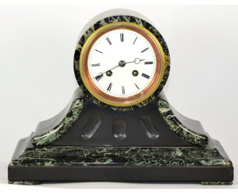 A Black Slate and Marble Striking Mantel Clock, circa 1880, 4-inch enamel dial, twin barrel movement striking on a bell, move