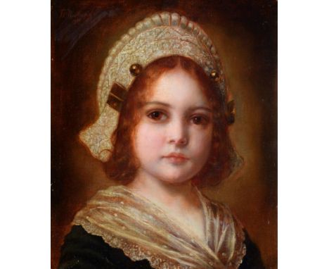 Theodor Recknagel (1865-1945) German Portrait of a girl, head and shoulders, wearing an embellished bonnet  Signed and dated 