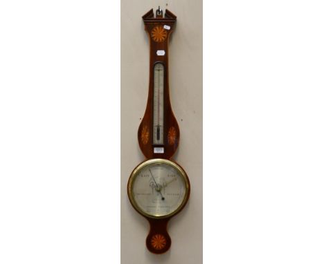 A Mahogany Inlaid Wheel Barometer, signed Josh Ortaly, circa 1810, broken arch pediment, thermometer tube, 8-inch silvered di