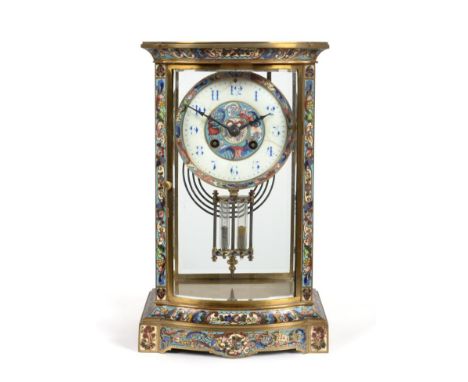 A Champleve Enamel Four Glass Striking Mantel Clock, circa 1890, multi-coloured scroll decorated champleve enamel borders, en