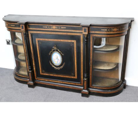 A Victorian Ebonised Thuya and Marquetry Inlaid Breakfront Display Cabinet, late 19th century, with central cupboard door wit