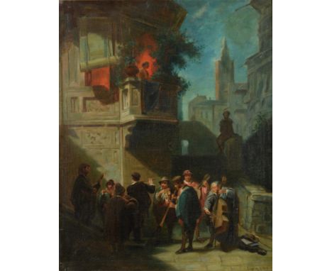 Jozef Ferenczy (1866-1925) Hungarian  Band of musicians playing beneath a balcony by moonlight Signed, oil on canvas, 64cm by