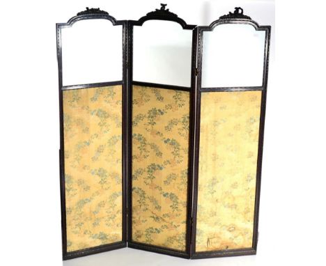 A Late 19th Century Mahogany Three-Leaf Dressing Screen, with moulded frame and ribbon tied pediments above glazed panels and