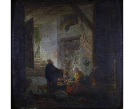 Dutch School (19th century)  Mother seated in a rustic interior weaving with children  Oil on panel, 22cm by 22cm 