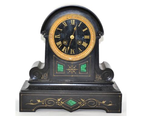 A Black Slate and Malachite Inlaid Striking Mantel Clock, circa 1880, black slate dial with Roman numerals, twin barrel movem