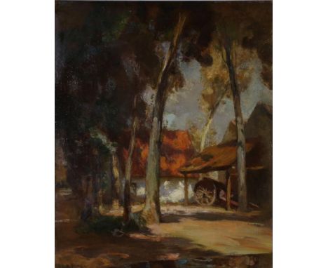 Charles Hodge Mackie (1862-1920) Farm out building in dappled sunlight  Signed, oil on panel, 44.5cm by 36cm   Provenance: T 