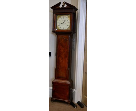 A Mahogany Eight Day Longcase Clock, broken arch pediment, well figured trunk door flanked by inset pilasters, 13-1/4-inch br