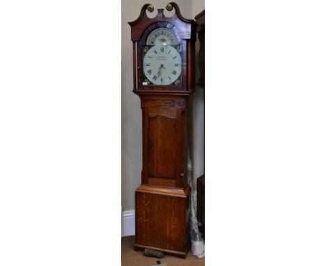 An Oak and Mahogany Thirty Hour Longcase Clock, signed Thos Hallam, Nottingham, circa 1830, swan neck pediment, 13-inch paint