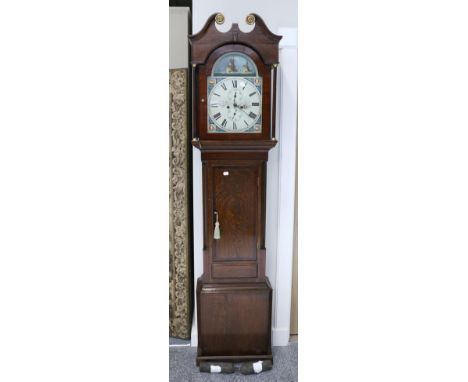 An Oak and Mahogany Eight Day Longcase Clock, swan neck pediment, mahogany crossbanded trunk door, 13-inch painted arched dia