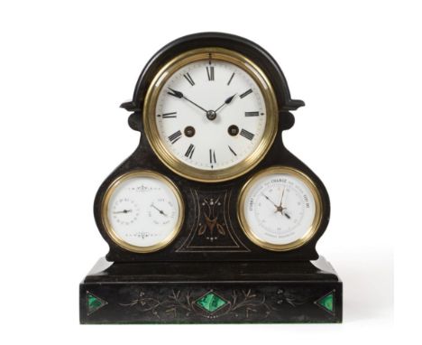 A Black Slate and Malachite Inlaid Striking Mantel Clock with Combined Calendar and Aneroid Barometer Displays, circa 1880, e
