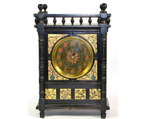 An Aesthetic Ebonised and Floral Decorated Striking Table Clock, circa 1890, pediment with turned finials, front and side gil