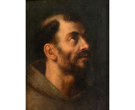 Italian School in the style of Titian  Head of St Francis in Contemplation  Oil on panel, with indistinctly inscribed label v