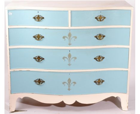 A Blue and Cream Painted Serpentine Shape Chest of Drawers, late 19th century, with reeded edge above two short and three lon