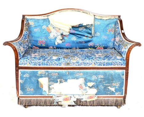 An Adam Style Carved Mahogany Framed Sofa, upholstered in worn silk fabric with moulded frame, raised on square tapering legs
