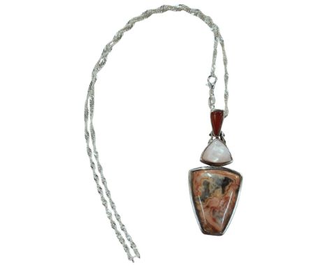 SILVER AGATE, MOTHER OF PEARL AND CITRINE PENDANT ON SILVER CHAIN