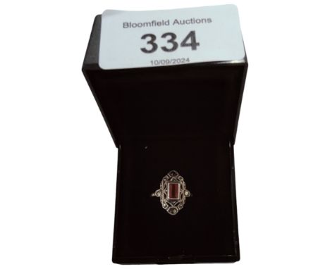 VINTAGE GOLD AND SILVER MARCASITE AND RED STONE RING