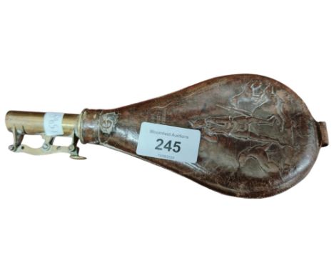 HAWKSLEY SHEFFIELD LEATHER AND BRASS POWDER FLASK