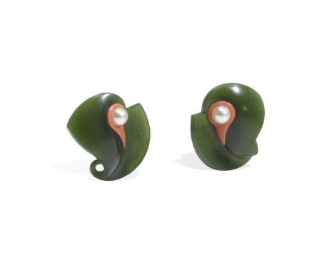 CHARLOTTE DE SYLLAS: PAIR OF NEPHRITE, CORAL AND CULTURED PEARL EARRINGS, 2001Each carved Canadian nephrite plaque inlaid wit