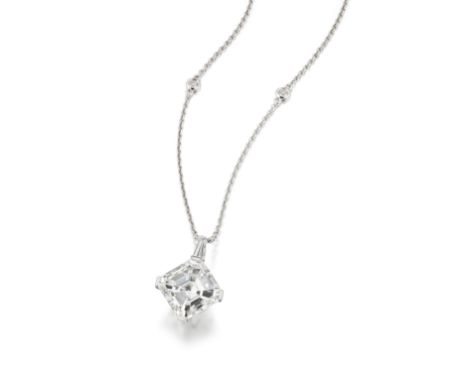 BOODLES: DIAMOND PENDANT NECKLACEThe step-cut diamond, weighing 5.03 carats, surmounted by a tapered baguette-cut diamond, su