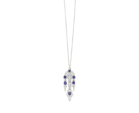 CARTIER: ART DECO SAPPHIRE AND DIAMOND PENDANT, CIRCA 1920Of Eastern inspiration, the articulating links composed of stylised