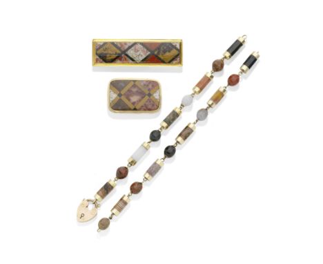 COLLECTION OF SCOTTISH PEBBLE JEWELS, 19TH CENTURYComprising: two brooches each inlaid with various hardstones to form a diam