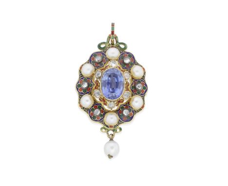 HOLBEINESQUE SAPPHIRE, DIAMOND, PEARL AND ENAMEL BROOCH/PENDANT, CIRCA 1865The oval-cut sapphire, accented by rose-cut diamon