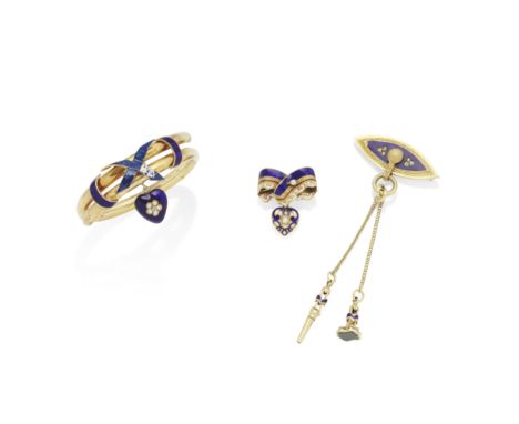 THREE GOLD, ENAMEL AND GEM-SET JEWELS, MID 19TH CENTURY1st: an engraved garter brooch decorated with royal blue, red and whit