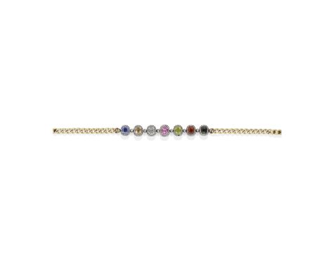 MULTI-GEM-SET AND DIAMOND BRACELET, 19TH CENTURYThe front set with seven gem-set and rose-cut diamond clusters, including sap