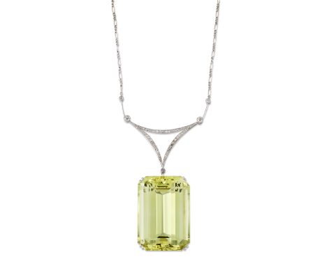 HELIODOR AND DIAMOND NECKLACEThe step-cut heliodor, weighing 113.5 carats, suspending from an openwork surmount millegrain-se