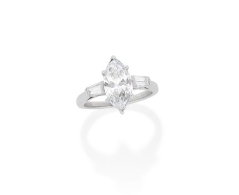 DIAMOND SINGLE-STONE RINGThe marquise-cut diamond, weighing 1.86 carats, between tapered baguette-cut diamond shoulders, ring