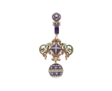 GEM-SET ENAMELLED FOB WATCH BROOCH/PENDANT COMBINATION, 1870 AND LATERThe Renaissance Revival scrolling red, blue and green g