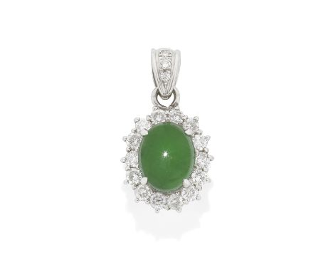 JADE AND DIAMOND PENDANTThe oval omphacite jade cabochon, within a brilliant-cut diamond surround, diamonds approximately 0.8