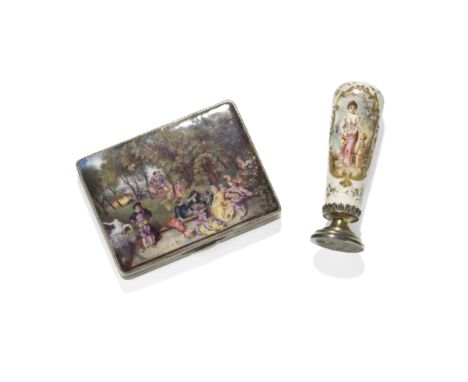 SILVER AND ENAMEL CARD CASE, CIRCA 1900, PROBABLY AUSTRO-HUNGARIAN, AND AN ENAMEL DESK SEALThe case with hinged cover depicti