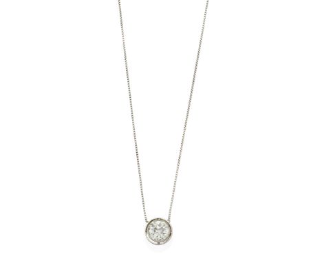 DIAMOND PENDANT NECKLACE, CIRCA 1910The old brilliant-cut diamond collet-set in a circular openwork surround, suspending from