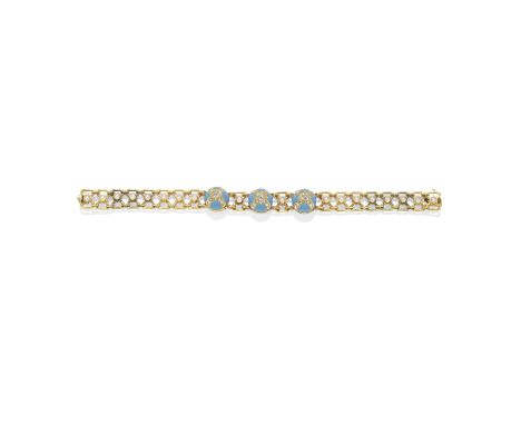DIAMOND, ENAMEL AND SEED PEARL GOLD BRACELET, CIRCA 1865The three domed enamel plaques inlaid with a cross motif of old brill